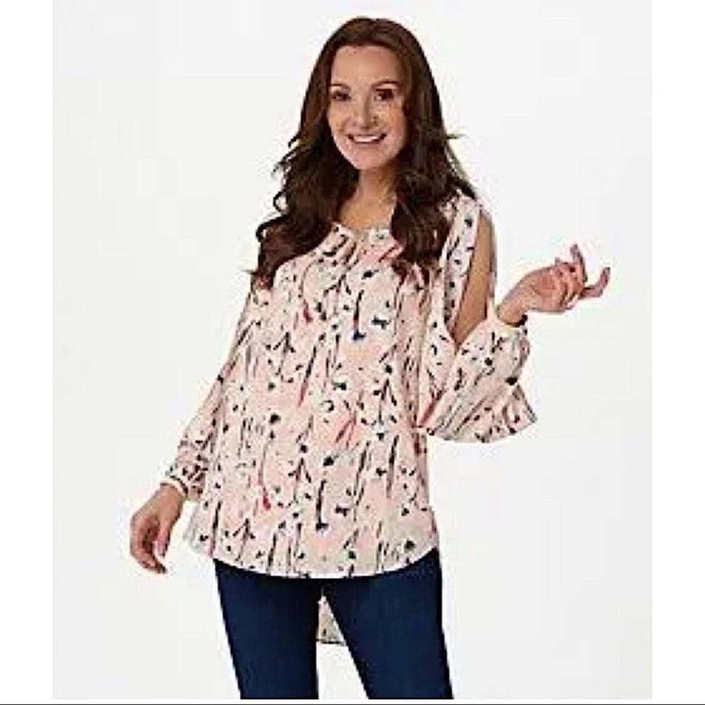 Haute Hippie Peachy Pink Floral Tribe Printed Long Slit Sleeve Blouse Top Small